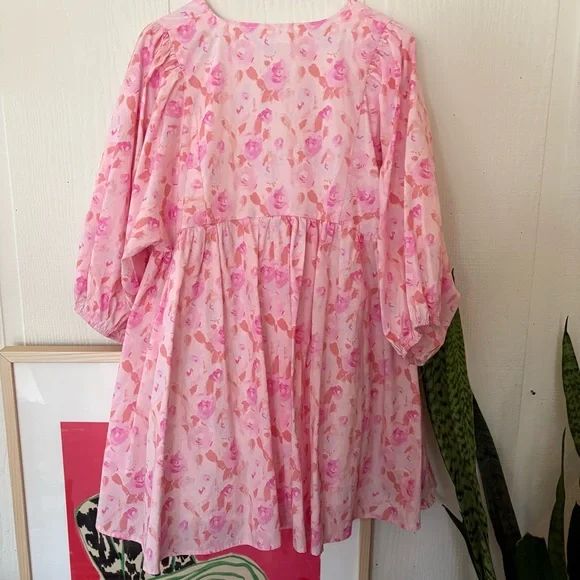 Euc shop the mint Pink Floral puff Sleeve Dress size large - Picture 2 of 5